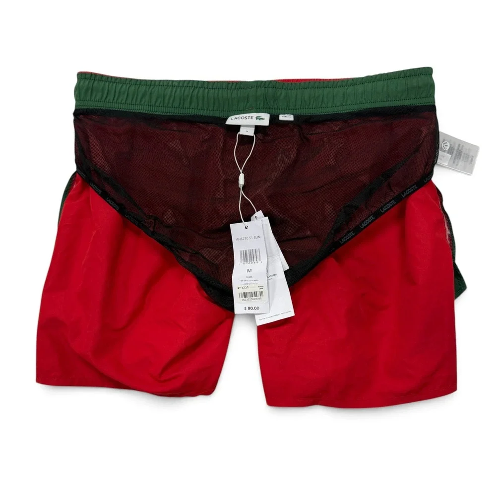 Lacoste Mens Red Quick Dry Swim Trunks Green Trim Medium Lined NWT Shorts
